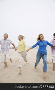 Two couples running on the beach with holding their hands