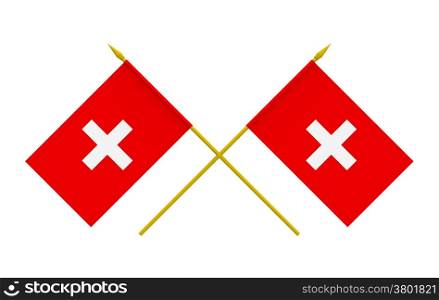 Two crossed flags of Switzerland, 3d render, isolated on white