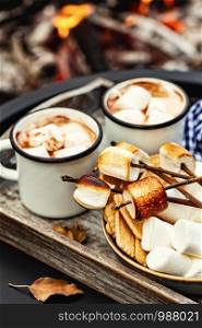 two cup of cocoa or hot chocolate and skewers of roasted marshmallows over campfire. autumn holidays outdoors treats