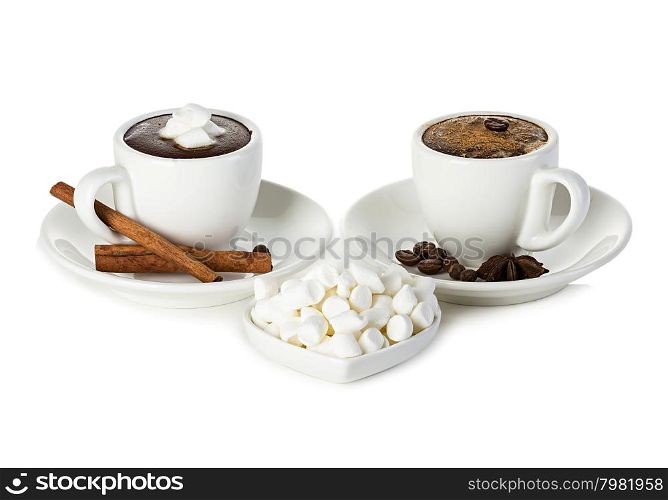 two cups of hot chocolate with marshmallow isolated
