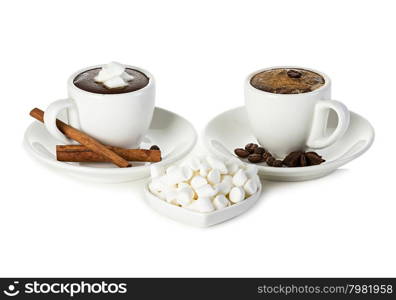 two cups of hot chocolate with marshmallow isolated