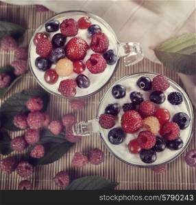 Two Cups Of Yogurt With Berries,top view