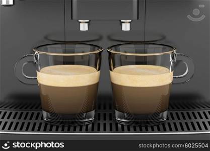 two cups with coffee standing on black coffee machine