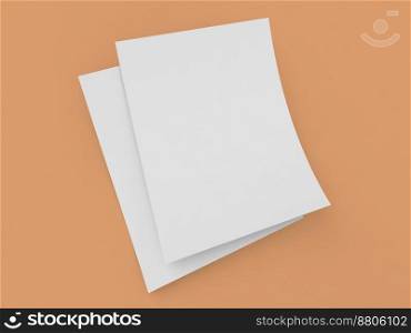 Two curved sheets of A4 paper on a brown background. 3d render illustration.