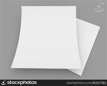 Two curved sheets of A4 paper on a gray background. 3d render illustration.. Two curved sheets of A4 paper on a gray background. 