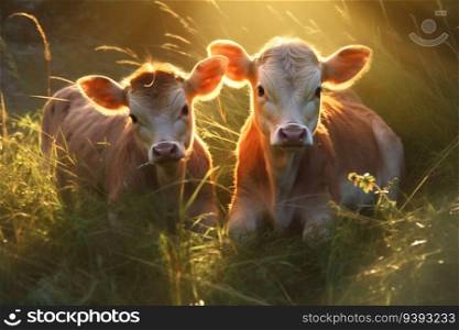 Two cute calves lying in the grass backlit by the sun, generative ai