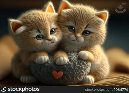 Two cute little kittens with heart. Valentine&rsquo;s gift card concept. Generative AI.. Two cute little kittens with heart. Valentine&rsquo;s gift card concept. Generative AI