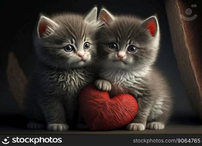 Two cute little kittens with heart. Valentine’s gift card concept. Generative AI.. Two cute little kittens with heart. Valentine’s gift card concept. Generative AI