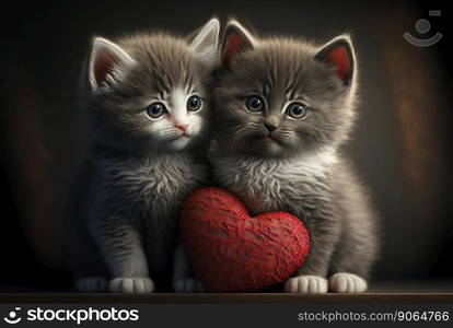 Two cute little kittens with heart. Valentine’s gift card concept. Generative AI.. Two cute little kittens with heart. Valentine’s gift card concept. Generative AI