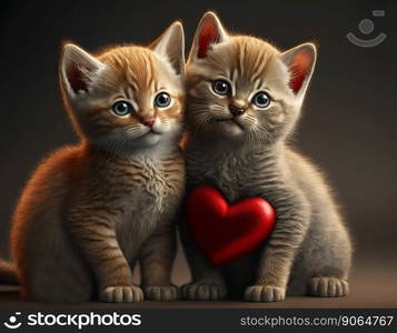 Two cute little kittens with heart. Valentine’s gift card concept. Generative AI.. Two cute little kittens with heart. Valentine’s gift card concept. Generative AI