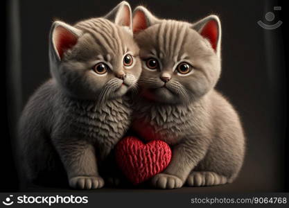 Two cute little kittens with heart. Valentine’s gift card concept. Generative AI.. Two cute little kittens with heart. Valentine’s gift card concept. Generative AI