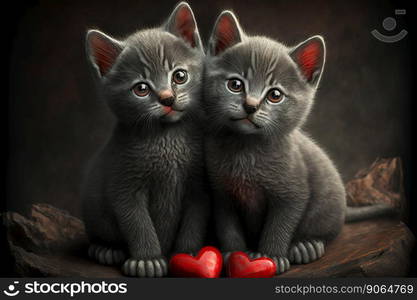 Two cute little kittens with heart. Valentine’s gift card concept. Generative AI.. Two cute little kittens with heart. Valentine’s gift card concept. Generative AI