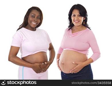 Two cute pregnant wearing their big guts isolated on white