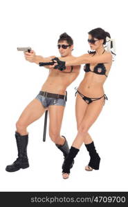 two dancers dressed as police