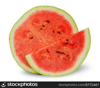 Two different slices of ripe watermelon standing next isolated on white background