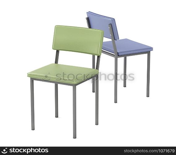 Two dining chairs with different colors on white background