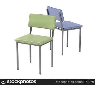 Two dining chairs with different colors on white background