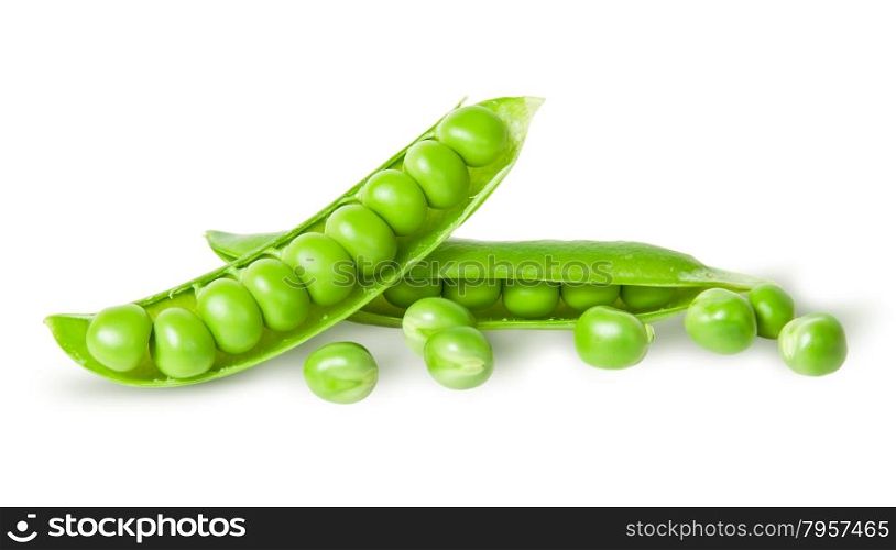 Two disclosed pea pods and peas isolated on white background