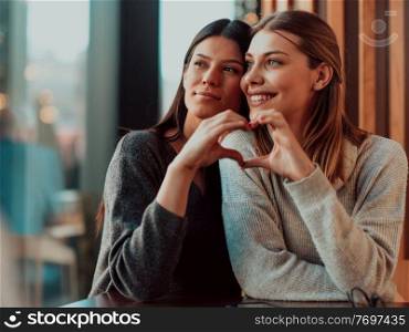 Two diverse girls lesbian couple hugging looking at camera, close up portrait. Stylish cool generation z women dating in love enjoy romantic relationships. Lgbtq concept. . Diverse girls lesbian couple hugging. Stylish cool generation z women dating in love enjoy romantic relationships i