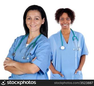 Two doctor women in blue on a over white background