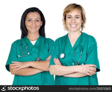 Two doctor women in green on a over white background