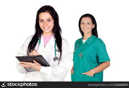Two doctor women isolated on a over white background