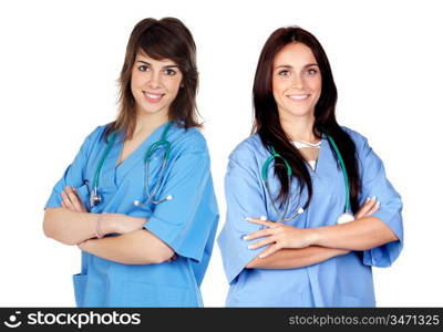 Two doctor women isolated on a over white background