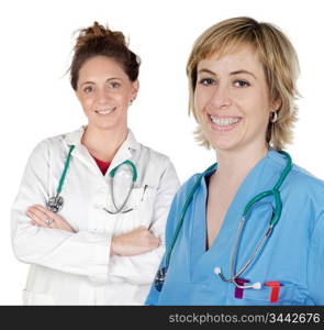 Two doctor women on a over white background