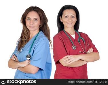 Two doctor women on a over white background
