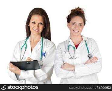 Two doctor women over a white background
