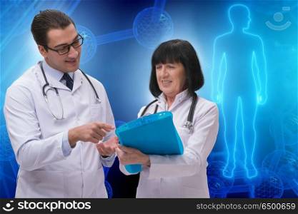 Two doctors discussing issues in telemedicine concept