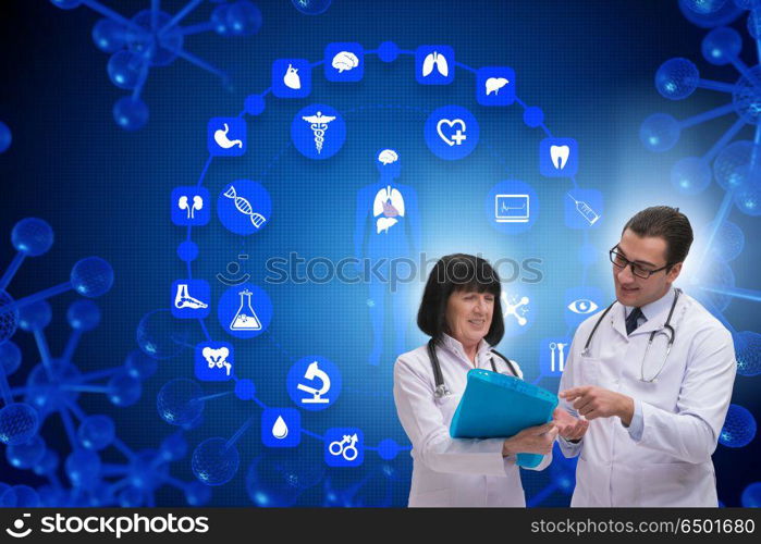 Two doctors discussing issues in telemedicine concept