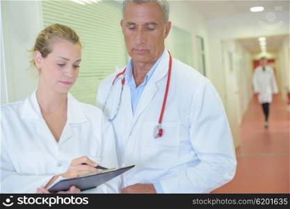 Two doctors looking at clipboard in hospital corridor