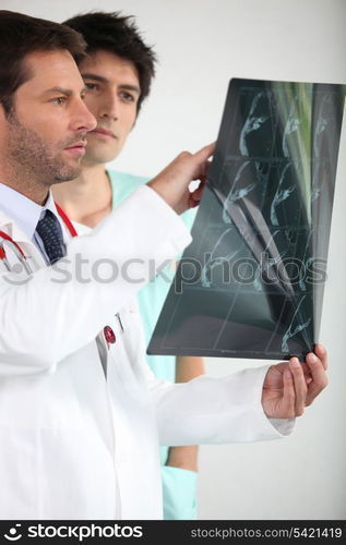 Two doctors looking at x-ray image