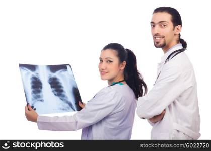 Two doctors looking at x-ray image on white