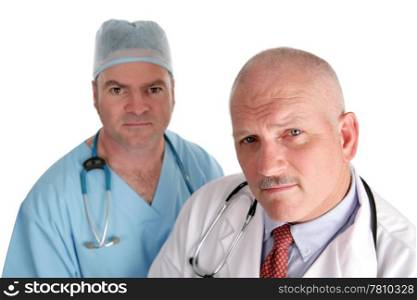 Two doctors looking worried, isolated on white.