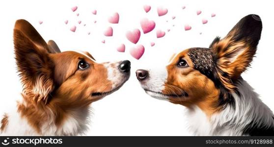 Two dogs and flying hearts. Valentine&rsquo;s Day, love. Couple, relationship. Postcard, greeting card design. Generative AI. Two dogs and flying hearts. Valentine&rsquo;s Day, love. Couple, relationship. Postcard, greeting card design. Generative AI.