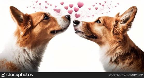 Two dogs and flying hearts. Valentine’s Day, love. Couple, relationship. Postcard, greeting card design. Generative AI. Two dogs and flying hearts. Valentine’s Day, love. Couple, relationship. Postcard, greeting card design. Generative AI.