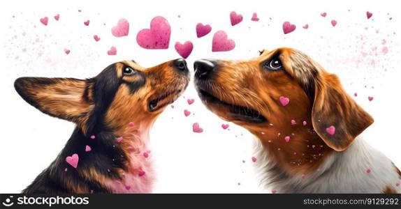 Two dogs and flying hearts. Valentine’s Day, love. Couple, relationship. Postcard, greeting card design. Generative AI. Two dogs and flying hearts. Valentine’s Day, love. Couple, relationship. Postcard, greeting card design. Generative AI.