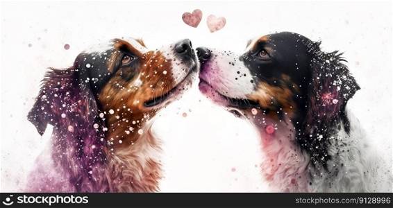 Two dogs are kissing. Watercolor effect. Valentine&rsquo;s Day, love. Couple, relationship. Postcard, greeting card design. Generative AI. Two dogs are kissing. Watercolor effect. Valentine&rsquo;s Day, love. Couple, relationship. Postcard, greeting card design. Generative AI.