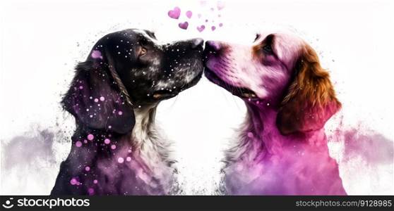 Two dogs are kissing. Watercolor effect. Valentine’s Day, love. Couple, relationship. Postcard, greeting card design. Generative AI. Two dogs are kissing. Watercolor effect. Valentine’s Day, love. Couple, relationship. Postcard, greeting card design. Generative AI.