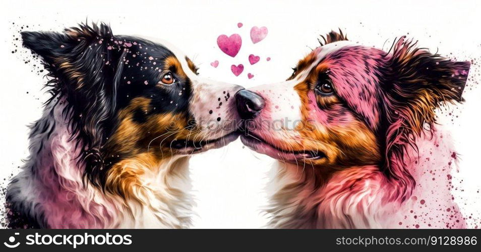 Two dogs are kissing. Watercolor effect. Valentine’s Day, love. Couple, relationship. Postcard, greeting card design. Generative AI. Two dogs are kissing. Watercolor effect. Valentine’s Day, love. Couple, relationship. Postcard, greeting card design. Generative AI.