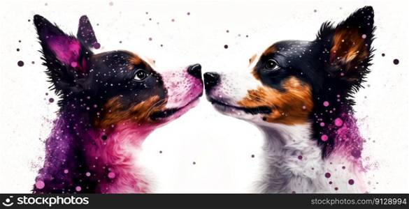 Two dogs are kissing. Watercolor effect. Valentine’s Day, love. Couple, relationship. Postcard, greeting card design. Generative AI. Two dogs are kissing. Watercolor effect. Valentine’s Day, love. Couple, relationship. Postcard, greeting card design. Generative AI.