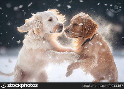 two dogs playing in the snow, their fur and ears covered in white, created with generative ai. two dogs playing in the snow, their fur and ears covered in white