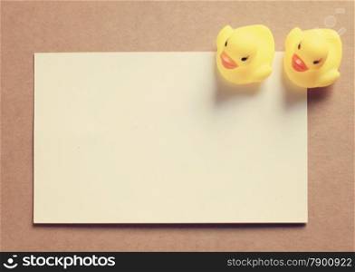 Two doll ducks on blank card with retro filter effect
