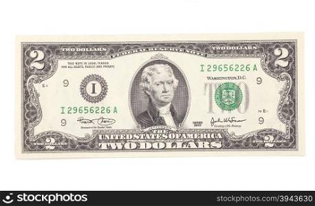 Two dollars bill on white background