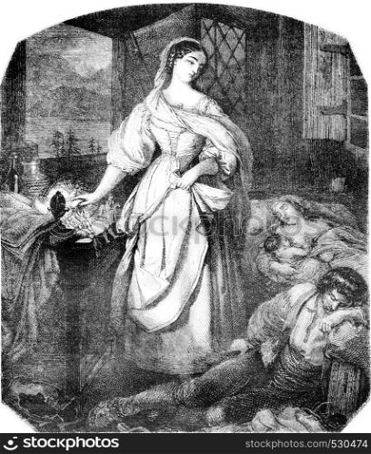 Two dreams, vintage engraved illustration. Magasin Pittoresque 1852.