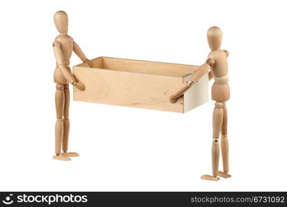 Two dummy holding wooden box. Isolated on white.