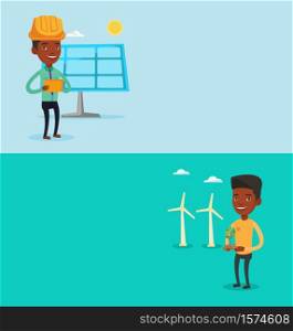 Two ecology banners with space for text. Vector flat design. Horizontal layout. African-american worker of wind farm. Young man holding green small plant in soil on the background of wind turbines.. Two ecological banners with space for text.