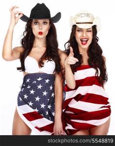 Two Ecstatic Showy Women Wrapped in USA Flag